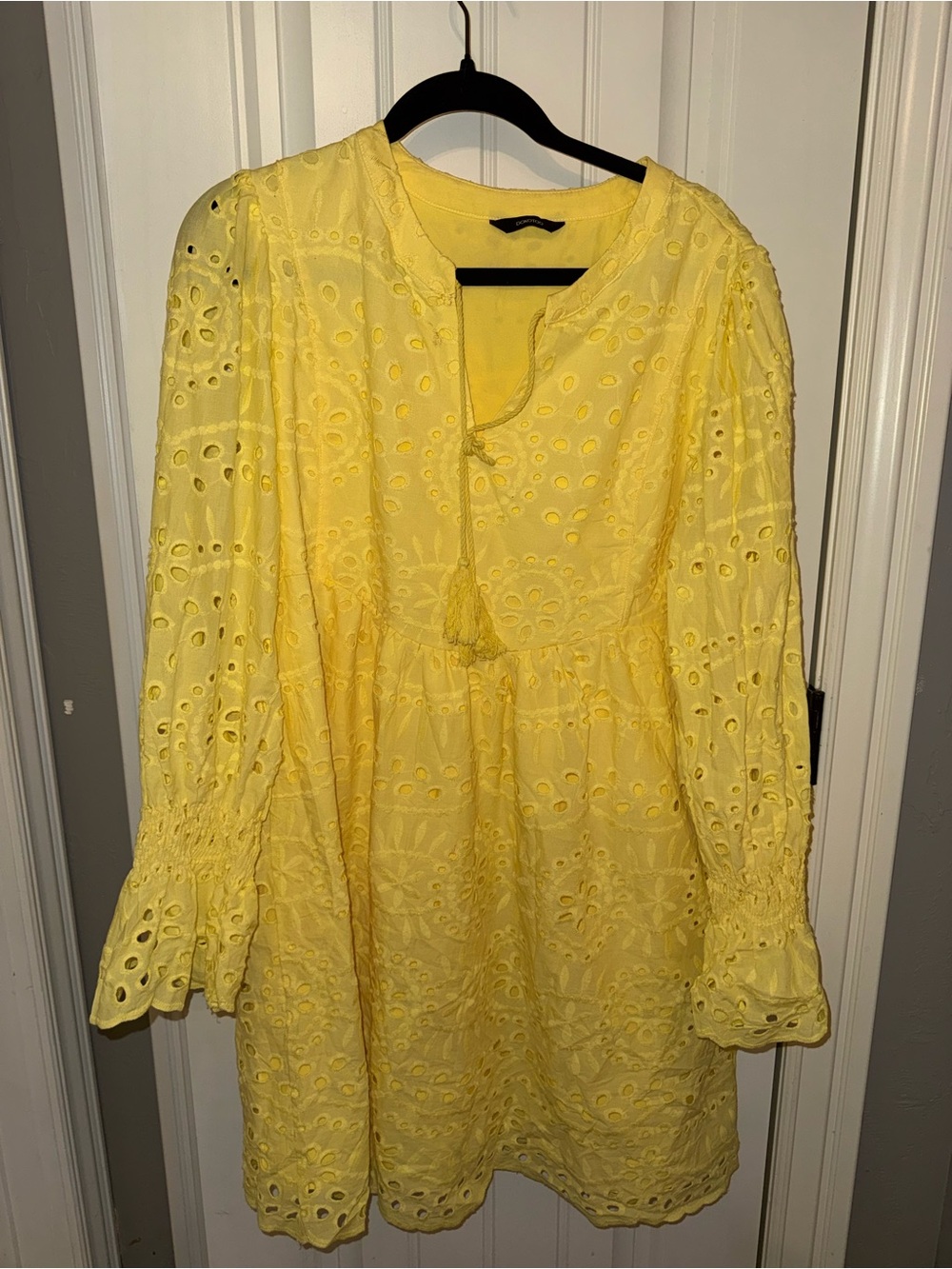 Bright Yellow Eyelet Midi Dress with Tassel Tie